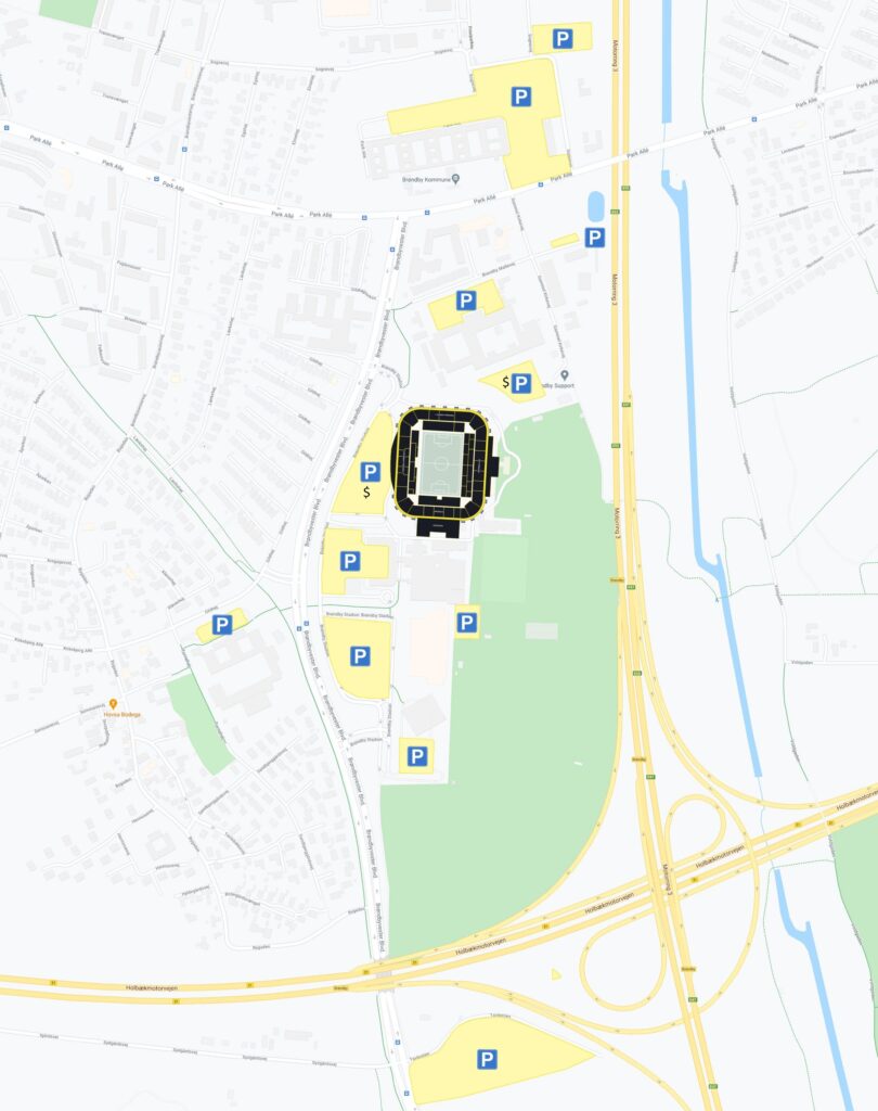 Oversigt over parkeringspladserne omkring Brøndby Stadion. Kortet viser både gratis og betalingsløsninger.