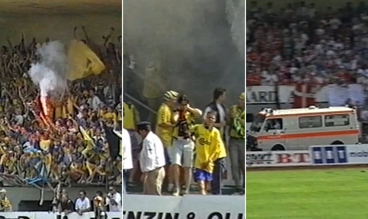 Billeder fra Vejle Stadion under stadionulykken imod Brøndby i 1995